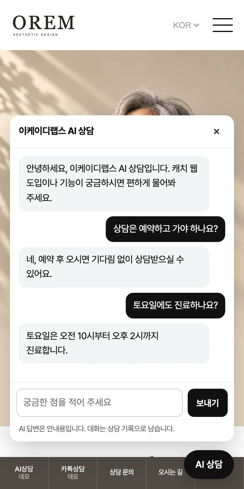 예시 병원 홈페이지 위에 열린 캐치 웹 AI 상담 창